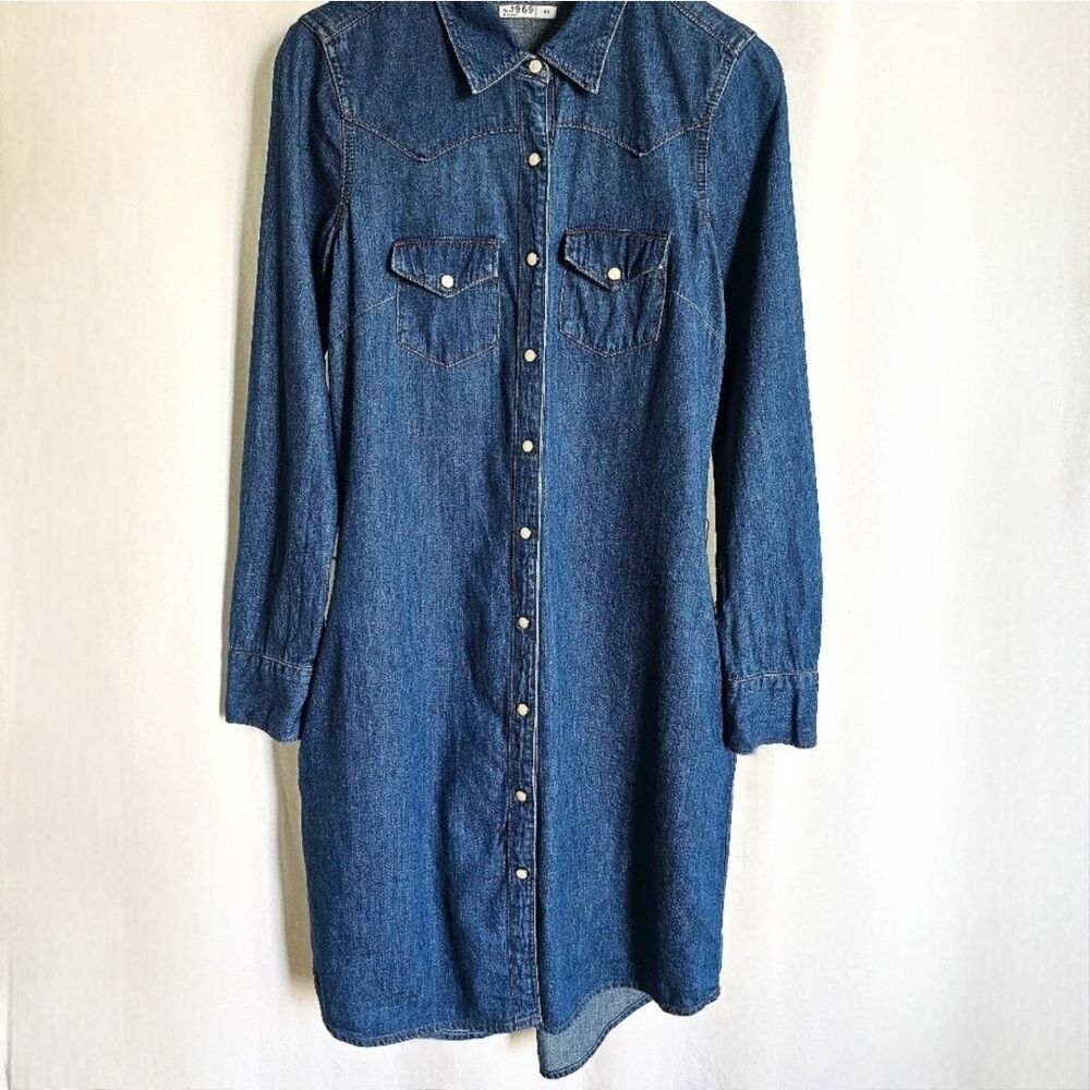 GAP 1969 Long Sleeve Medium Blue Denim Western Button Shirt Dress - Picture 2 of 16